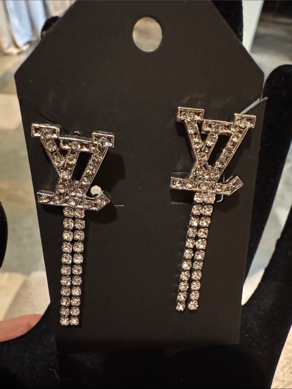 LV Crystal Drop Dangle Earrings - Silver Tone